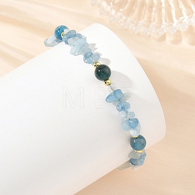 2Pcs 2 Styles Natural Aquamarine & Green Rutilated Quartz & Apatite & Peridot Round and Chip Beaded Bracelet Sets with 304 Stainless Steel End Chains BJEW-JB14339-1
