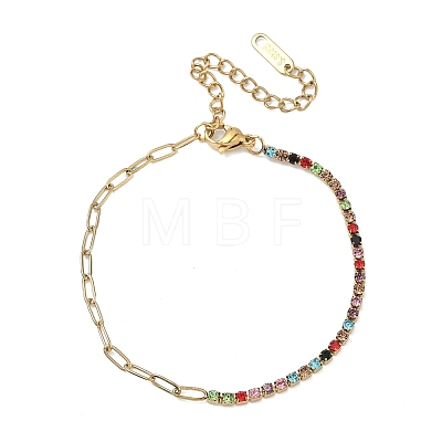 304 Stainless Steel Paperclip Chain & Rhinestone Cup Chains Bracelets for Women BJEW-D456-06G-03-1