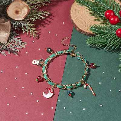 Christmas Candy Cane & Reindeer & Moon Alloy Charm Bracelet with Glass Beads BJEW-TA00090-01-1