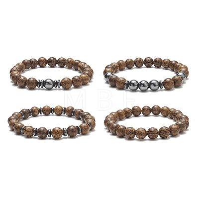 4Pcs 4 Style Natural Wenge Wood & Synthetic Hematite Beaded Stretch Bracelets Set for Women BJEW-JB09156-1