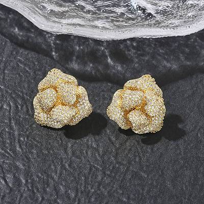Camellia Flower Brass & Clear Cubic Zirconia Stud Earrings KK-CBA36A2-01G-1