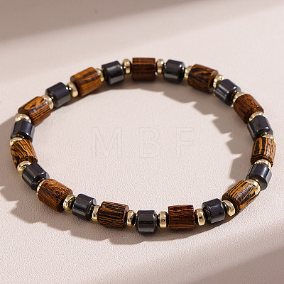 Synthetic Non-magnetic Hematite & Wood Beads Stretch Bracelets for Men WG9F2CA-02-1