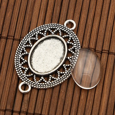 Tibetan Style Alloy Connector Cabochon Bezel Settings and Oval Transparent Glass Cabochons DIY-X0206-AS-1