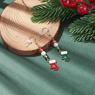 Enamel Snowflake Glove Charm with Glass Pearl Dangle Earrings EJEW-JE04961-03-1