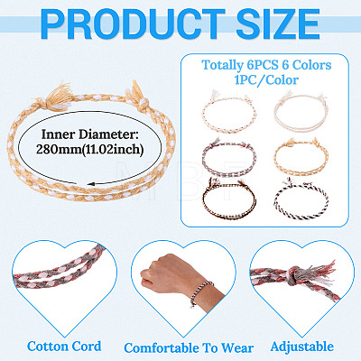 6Pcs 6 Colors Bohemian Cotton Cord Braided Bracelets BJEW-TA0001-28-1