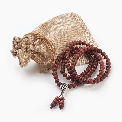Four Loops Natural Sandalwood Beads Stretch Wrap Bracelets BJEW-JB03812-1