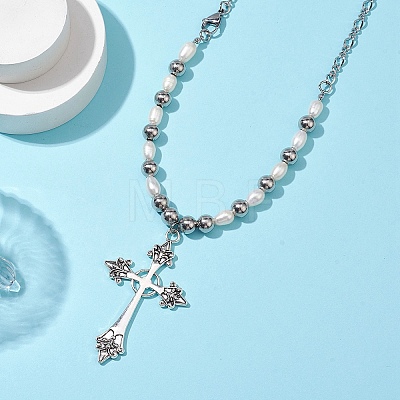 Natural Pearl with Cross Alloy Pendant Necklaces NJEW-JN04813-1