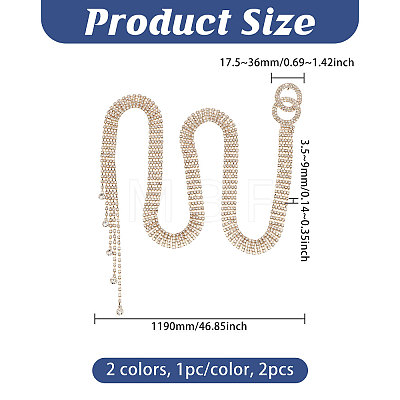 2Pcs 2 Colors Brass & Iron Full Crystal Rhinestone Chain Belts with Double Rings Buckles AJEW-FG0006-30A-1