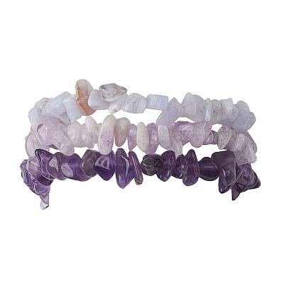 3Pcs Natural Lavender Amethyst & Natural Blue Lace Agate Chip Beaded Stretch Bracelet Sets BJEW-JB10864-1