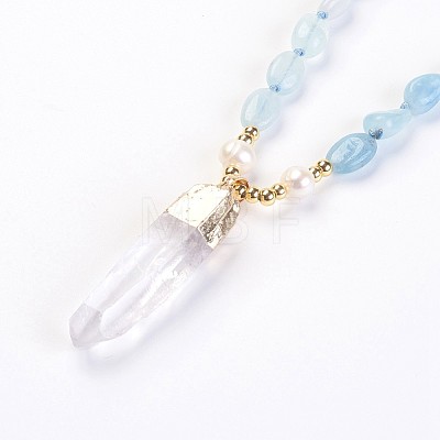 Natural Aquamarine and Natural Quartz Crystal Pendant Necklaces NJEW-I220-07-1