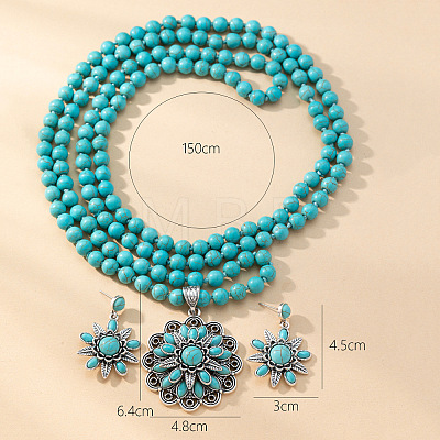 Flower Synthetic Turquoise with Alloy Pendant Necklaces & Stud Dangle Earrings Sets WG550B3-01-1