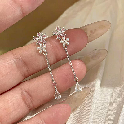 Alloy & Plastic Pearl Double Flower Long Tassel Stud Earrings WGD88DF-01-1