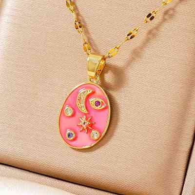 Fashionable Women's Star Moon Oval Brass Enamel Pendant Necklaces LO5059-3-1