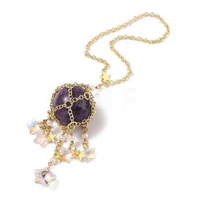 Natural Amethyst with Rack Plating Brass Pendants Decorations AJEW-B023-01G-05-1