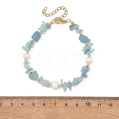 Raw Rough Natural Aquamarine Chip & Cultured Freshwater Pearl Beaded Bracelets for Women BJEW-JB13971-1