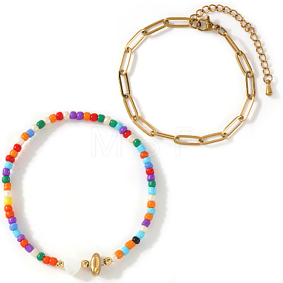 2Pcs 2 Styles Glass Seed Beads & Natural Shell & 304 Stainless Steel Beads Stretch Bracelest & Brass Paperclip Chain Bracelets Set for Women GY4605-9-1