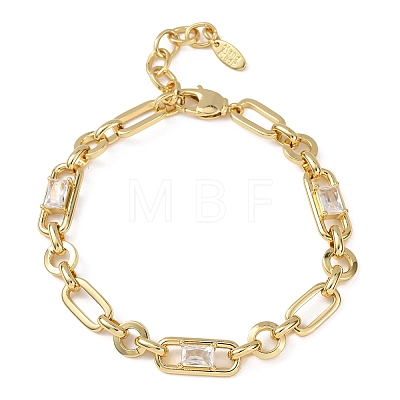 Ring & Paperclip Brass Micro Pave Cubic Zirconia Link Chain Bracelets for Women BJEW-D458-04G-02-1