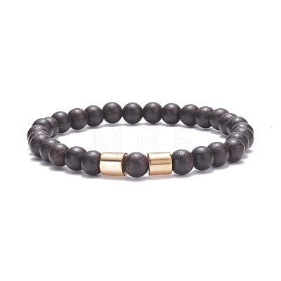 Natural Wood Round Beaded Stretch Bracelet with Synthetic Hematite for Men Women BJEW-JB07549-1