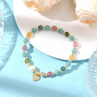 Brass Micro Pave Clear Cubic Zirconia Charm Natural Amazonite Round and Faceted Cube Multicolor Tourmaline Beaded Stretch Bracelets for Women BJEW-JB14378-03-1