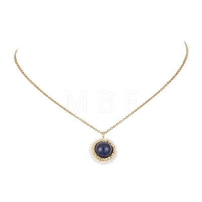 Natural Lapis Lazuli(Dyed) & Seed Flower Pendant Necklace NJEW-MZ00019-01-1