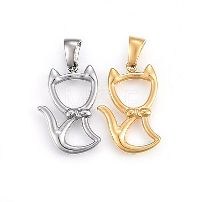 304 Stainless Steel Hollow Kitten Pendants STAS-P209-28-1