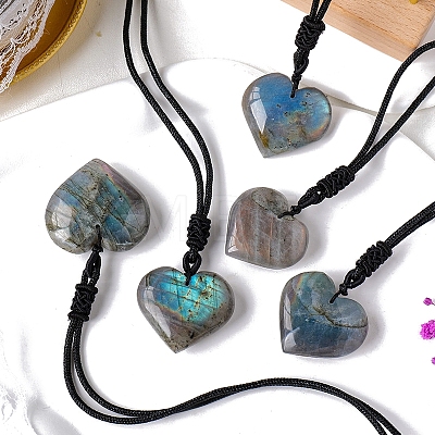 Natural Labradorite Heart Pendant Necklaces PW-WG04E68-01-1