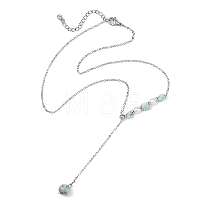 Natural Larimar Round Pendant Brass Cable Chain Lariat Y Necklaces with Natural Pearl for Women NJEW-JN06611-02-1