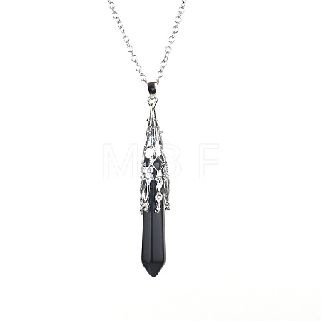 Natural Obsidian Six-Sided Prism Healing Dowsing Pendulum Pendant Iron Cable Chain Necklaces for Divination HM5691-9-1