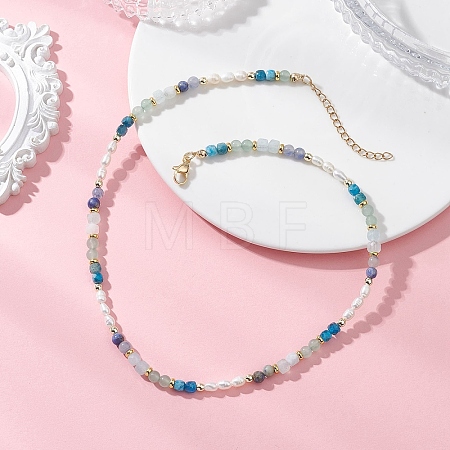 Natural Aquamarine & Sodalite & Green Aventurine Round Cube and Natural Pearl Rice Beaded Necklaces NJEW-JN05868-01-1