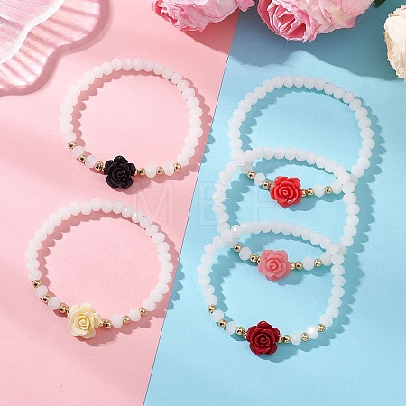 Glass with Synthetic Coral 3D Flower Rose  Beaded Stretch Bracelets for Women BJEW-JB13498-1