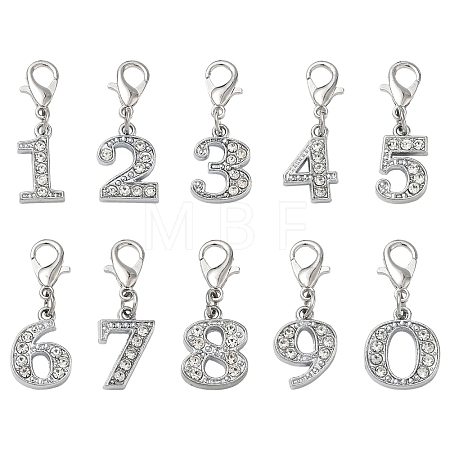 10Pcs 10 Styles Number 0~9 Alloy Rhinestone Pendant Decorations HJEW-YW00549-1