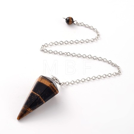 Platinum Tone Brass Tiger Eye Cone Hexagonal Pointed Dowsing Pendulums MAK-M015-01D-1