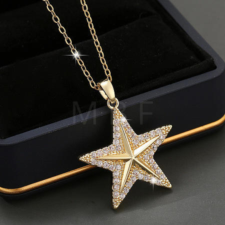 Brass Micro Pave Clear Cubic Zirconia Star Pendant Necklaces for Women FS-WG16544-01-1