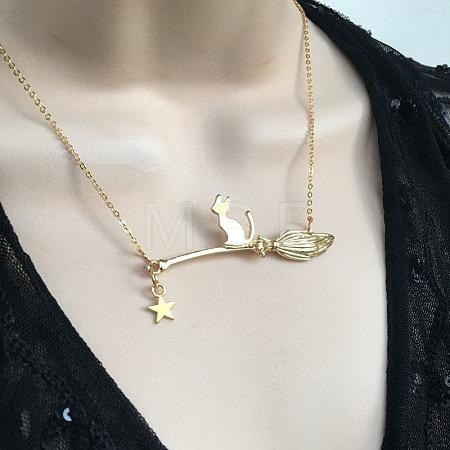 Halloween Alloy White Cat with Broom Pendant Necklaces for Women FS-WGACF10-03-1