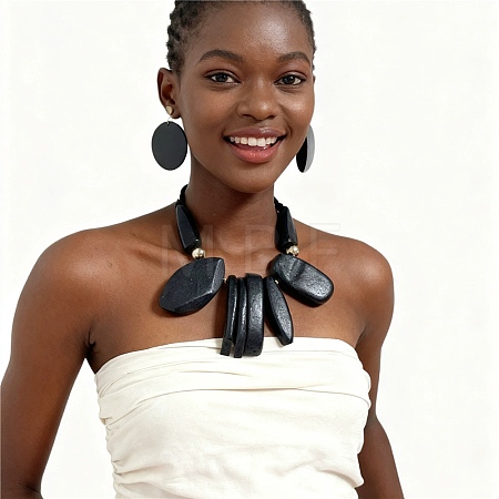 Aluminum & Wood Bead Necklceas & Stud Earrings Sets SJEW-H001-13B-1