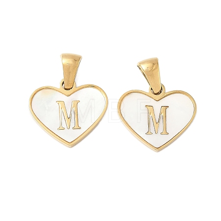 304 Stainless Steel Pave Natural White Shell Heart with Initial Slice Pendants STAS-R168-25G-M-1