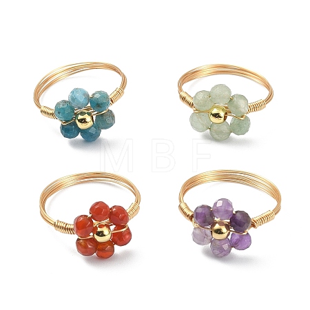 4Pcs 4 Style Natural Mixed Gemstone Beaded Flower Finger Rings Set RJEW-TA00074-1
