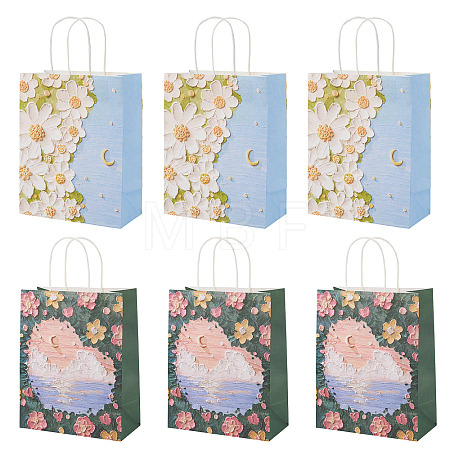 6Pcs 2 Styles 3D Flower Printed Paper Gift Bags with Handles ABAG-TAD0001-01-1