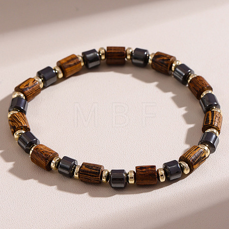Synthetic Non-magnetic Hematite & Wood Beads Stretch Bracelets for Men WG9F2CA-02-1
