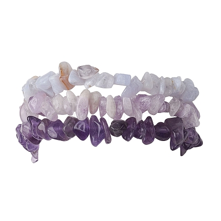 3Pcs Natural Lavender Amethyst & Natural Blue Lace Agate Chip Beaded Stretch Bracelet Sets BJEW-JB10864-1