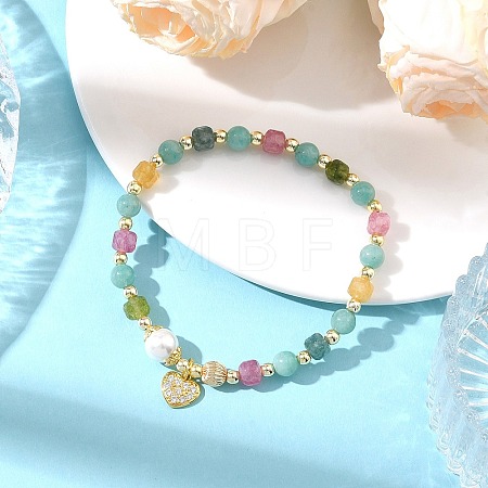 Brass Micro Pave Clear Cubic Zirconia Charm Natural Amazonite Round and Faceted Cube Multicolor Tourmaline Beaded Stretch Bracelets for Women BJEW-JB14378-03-1