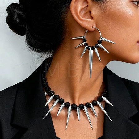 Alloy Punk Spiked Choker Necklace & Hoop Earrings Sets SJEW-C008-02P-1
