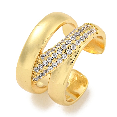 Rack Plating Brass Micro Pave Cubic Zirconia Open Cuff Ring RJEW-C082-01G-1