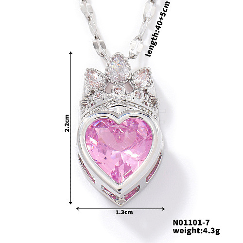 Fashionable Brass Cubic Zirconia Crown Heart-Shaped Pendant Dapped Chain Necklaces for Women SM2288-7-1