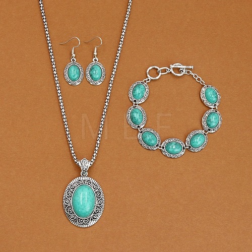 Oval Alloy with Synthetic Turquoise Pendant Necklaces & Dangle Earrings & Link Bracelets Sets WGD1135-09-1