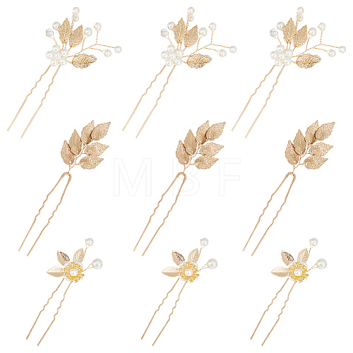 GOMAKERER 9Pcs 3 Style Bridal Leaf Alloy Hair Forks OHAR-GO0001-06-1