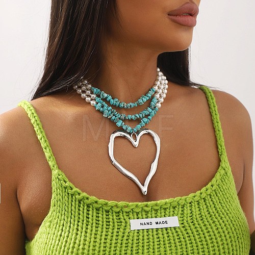 Boho Dyed Synthetic Turquoise Chip & Plastic Pearl Multi Layered Necklaces NJEW-U006-04B-P-1