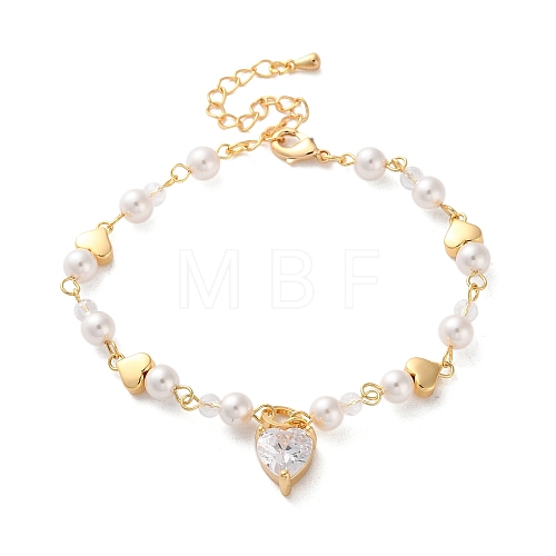 Heart Brass Micro Pave Cubic Zirconia Charm Bracelets for Women BJEW-P342-17G-1