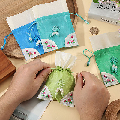 4Pcs 4 Colors 3D Floral Embroidery Cloth Drawstring Bags ABAG-PH0001-92-1