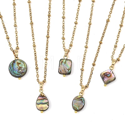 Natural Paua Shell Geometric Pendant 304 Stainless Steel Satellite Chain Necklaces NJEW-JN06352-1